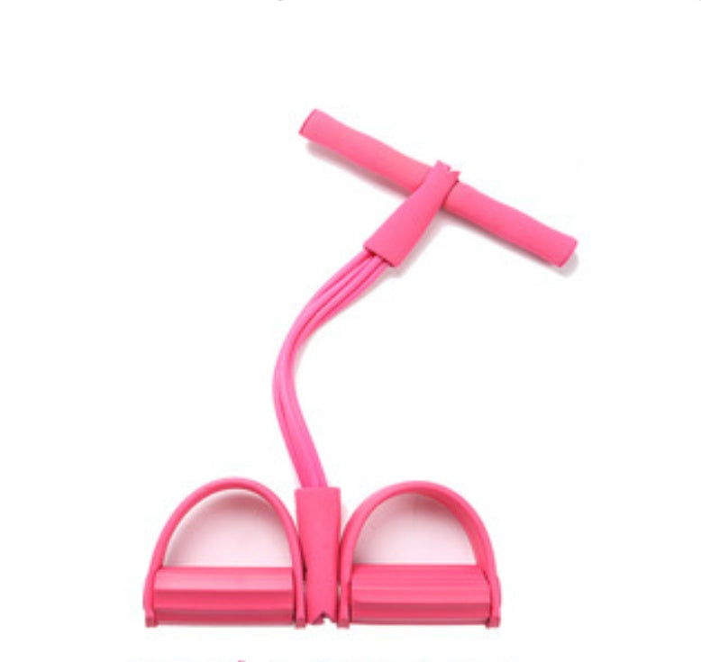 Green natural latex foot pedal elastic pull rope with handle, fitness equipment for bodybuilding and strength training.
