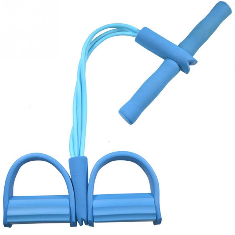 Green natural latex foot pedal elastic pull rope with handles for fitness, bodybuilding, and workout training.