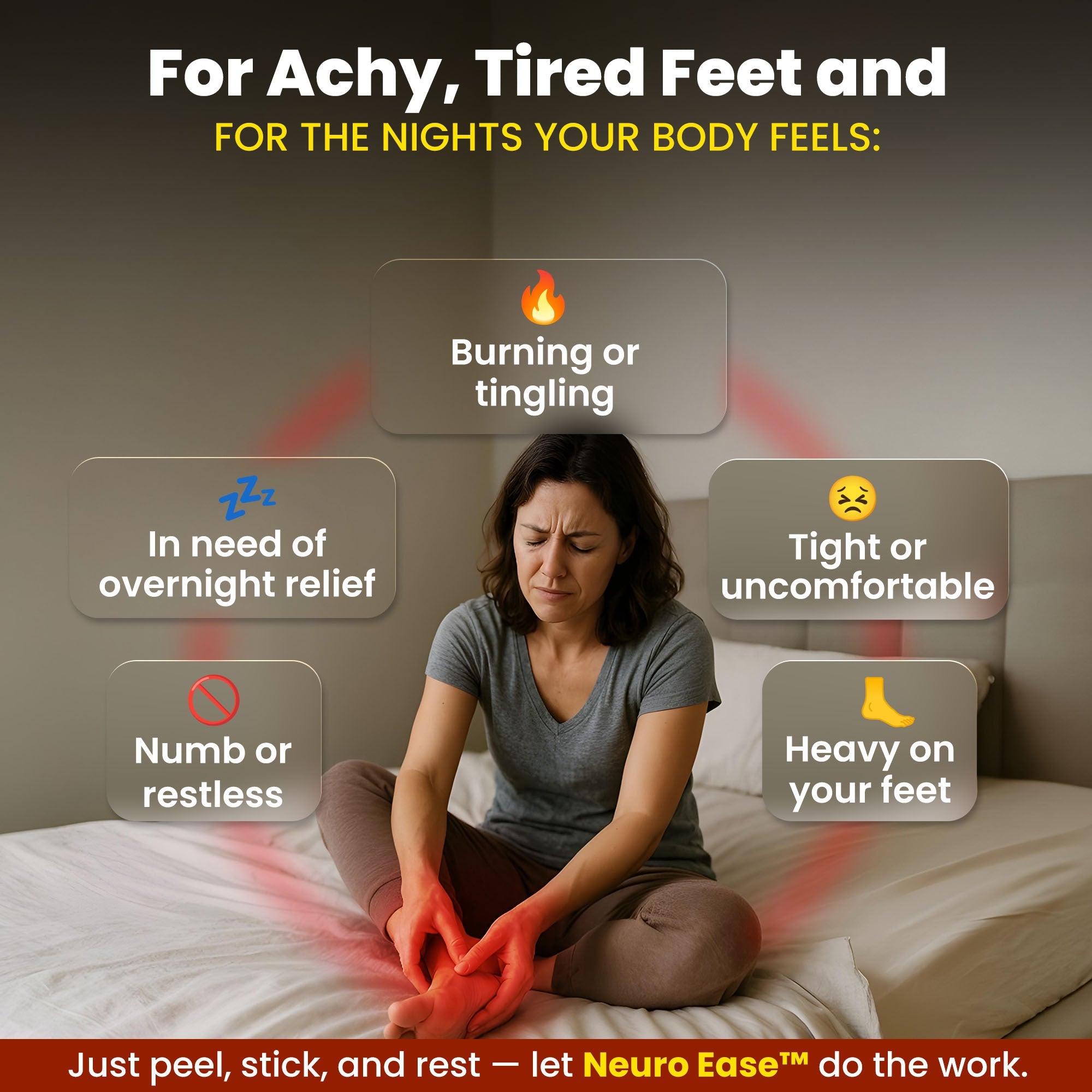 Lure Essentials sole serenity detox foot pads designed for nerve pain and neuropathy relief, shown on the soles of feet.