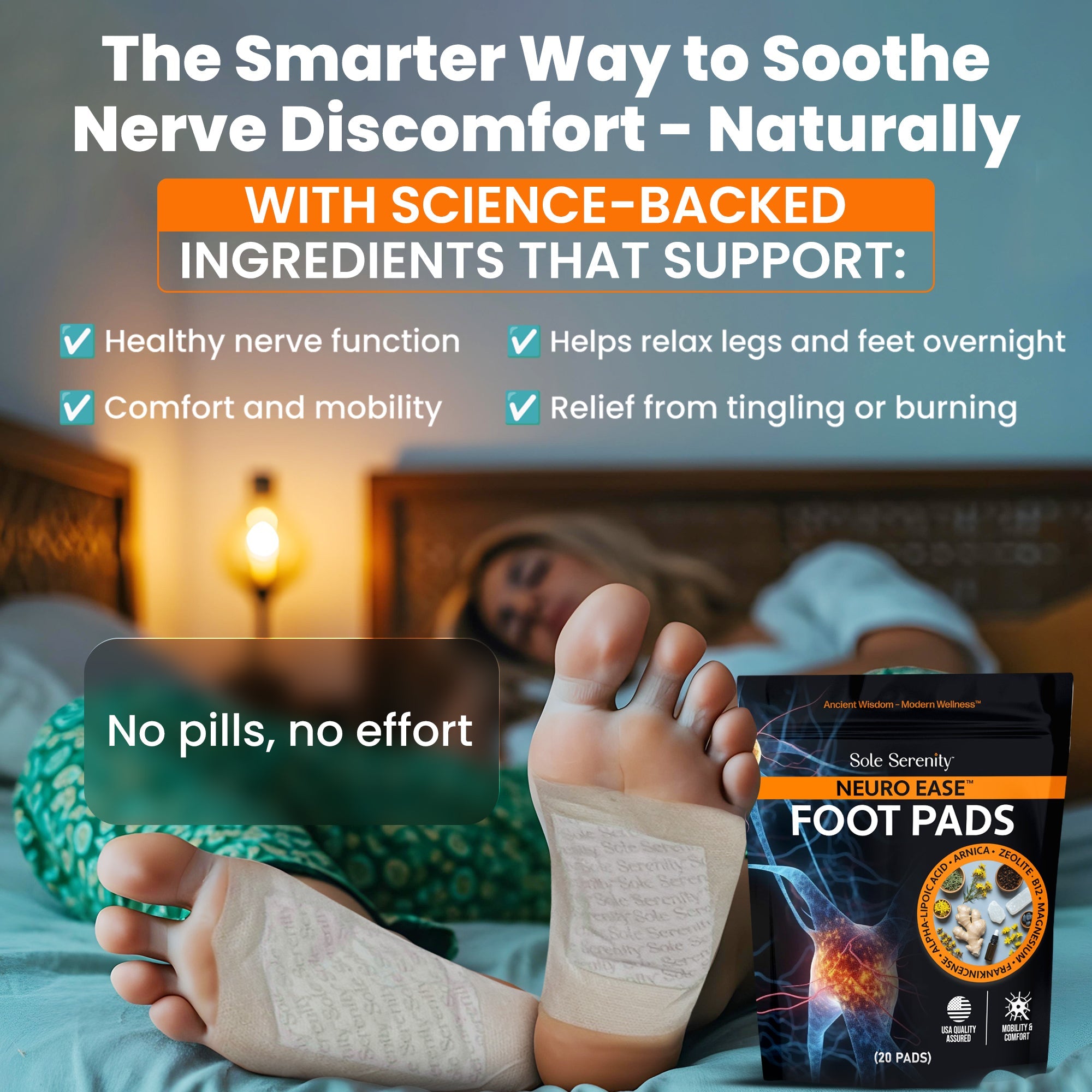 Lure Essentials sole serenity detox foot pads designed to support nerve discomfort and neuropathy relief while sleeping.