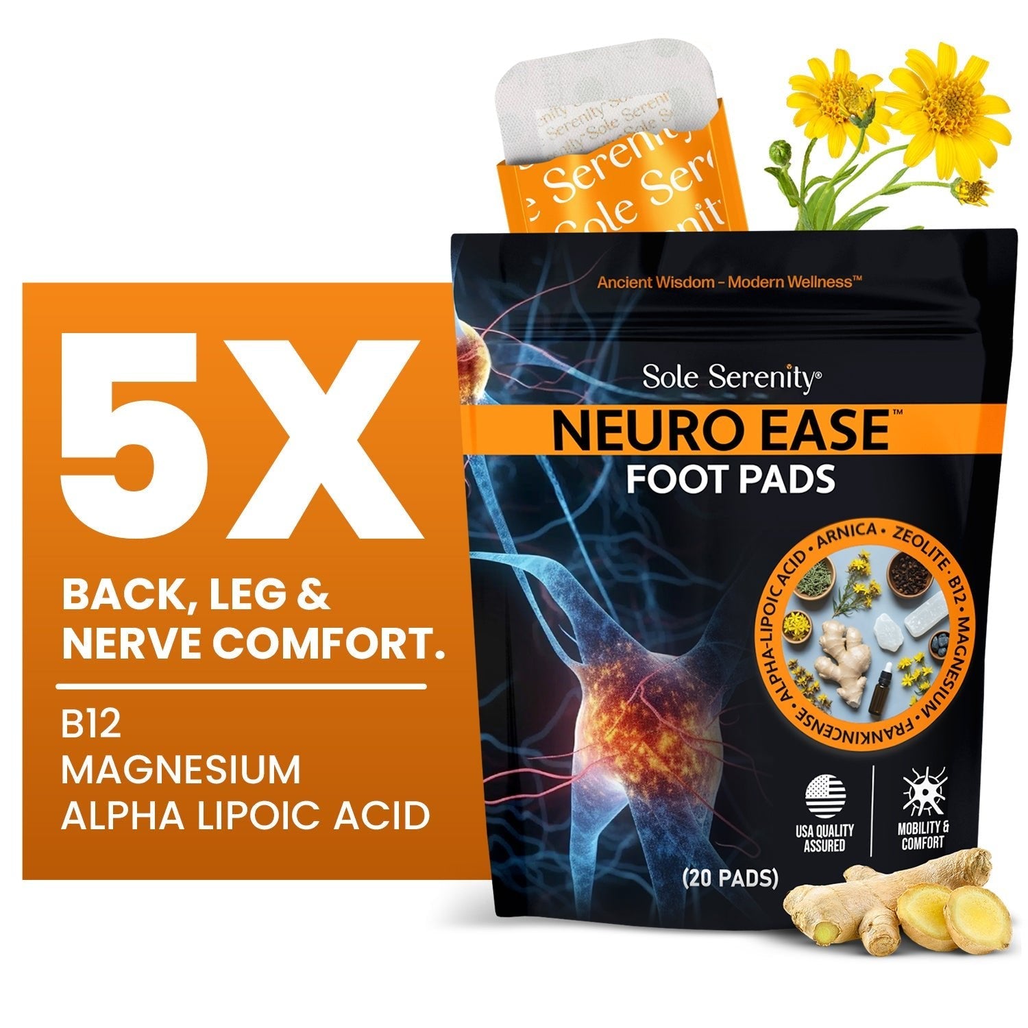Lure Essentials sole serenity neuropathy nerve discomfort support pads applied to foot for nerve pain relief and detox.