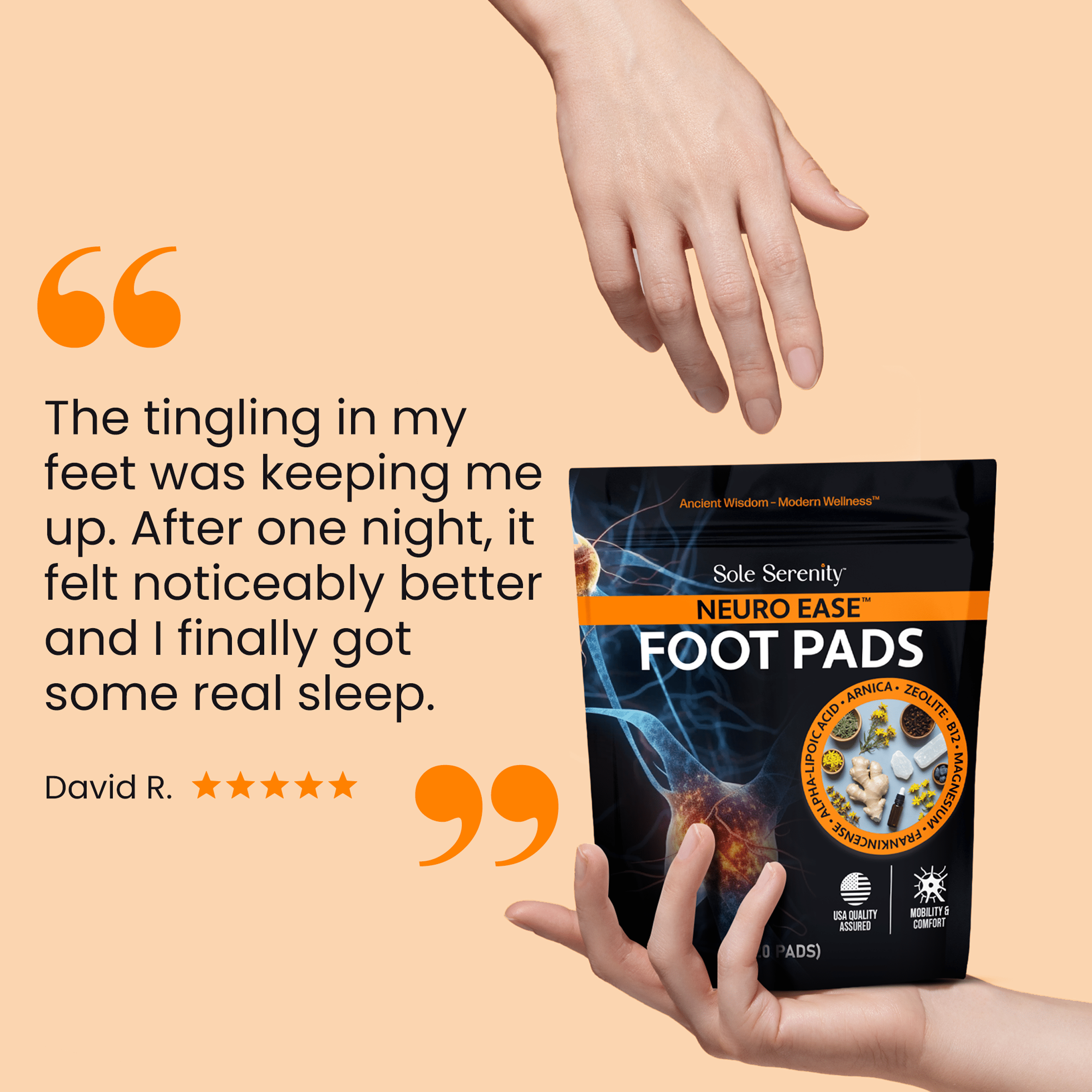 Lure Essentials Neuropathy Nerve Discomfort Support Pads shown on feet, featuring B12 and arnica for nerve relief and soothing comfort.