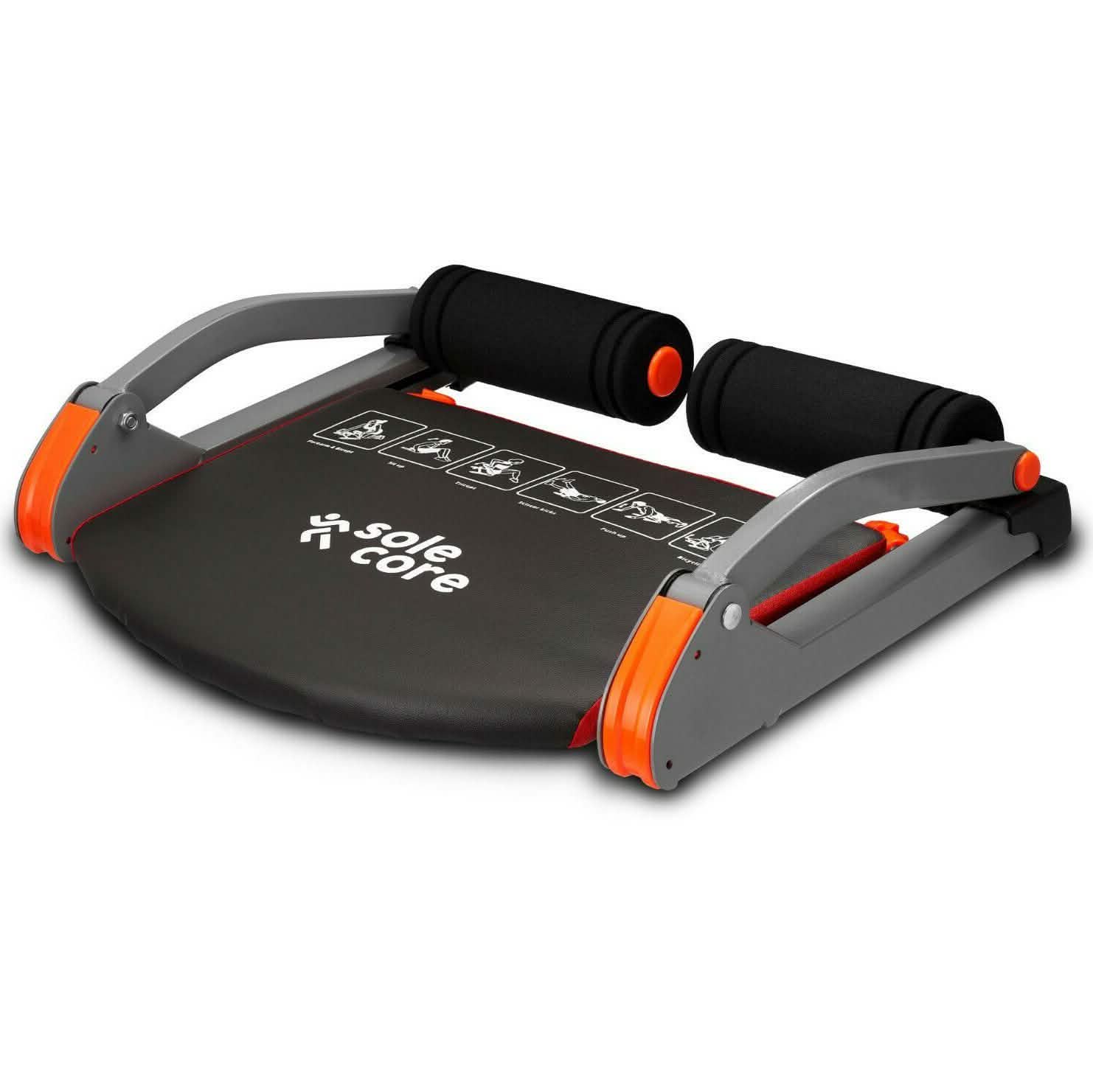 SoleCore Smart Fitness Equipment 6-in-1 Ab Sculpting System showing multiple workout attachments and padded handles for core exercises.