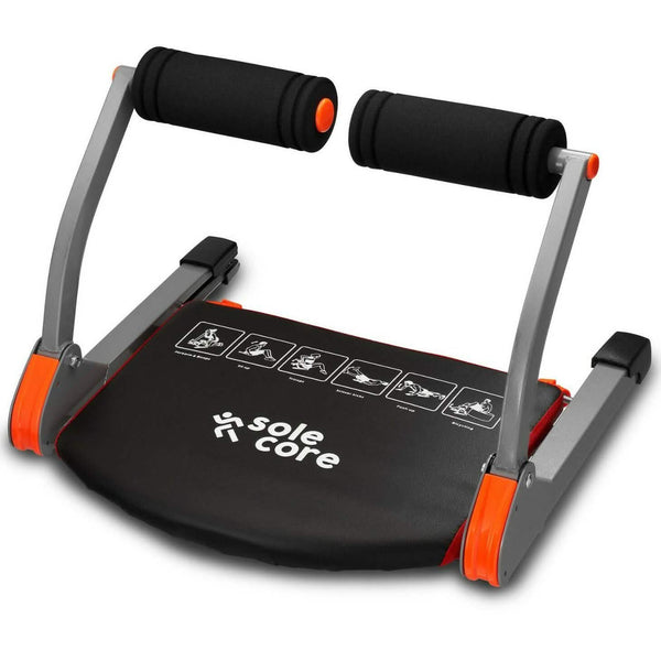 SoleCore Smart Fitness Equipment 6-in-1 Ab Sculpting System showing adjustable handles and multiple workout attachments for core training.