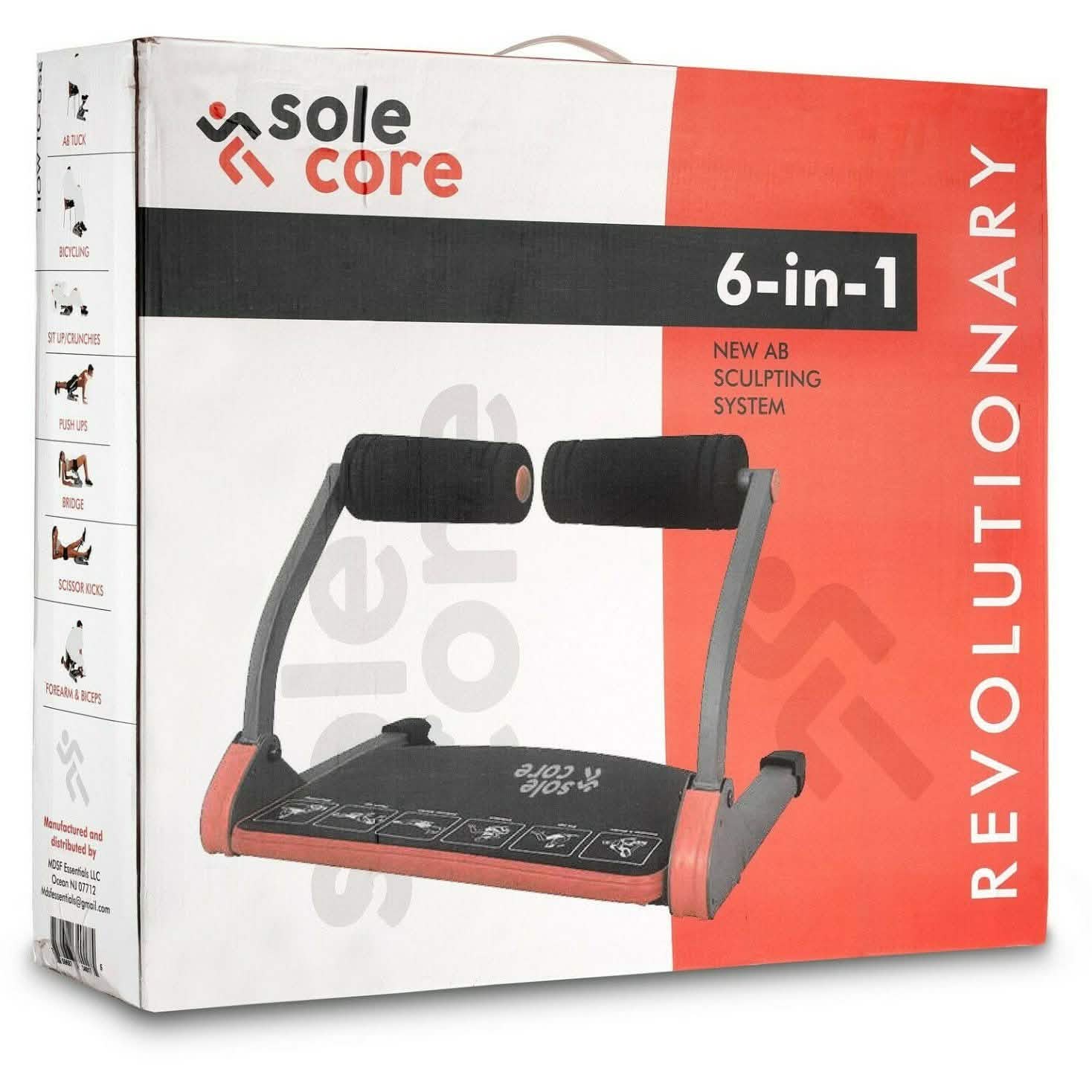 SoleCore Smart Fitness Equipment 6-in-1 Ab Sculpting System showing adjustable resistance and multiple exercise attachments for core workouts