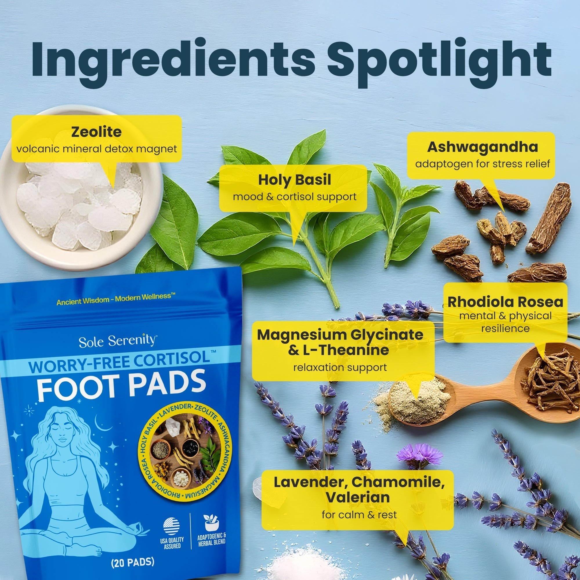 Lure Essentials cortisol detox foot pads applied to soles of feet, designed for stress relief and toxin detoxification.