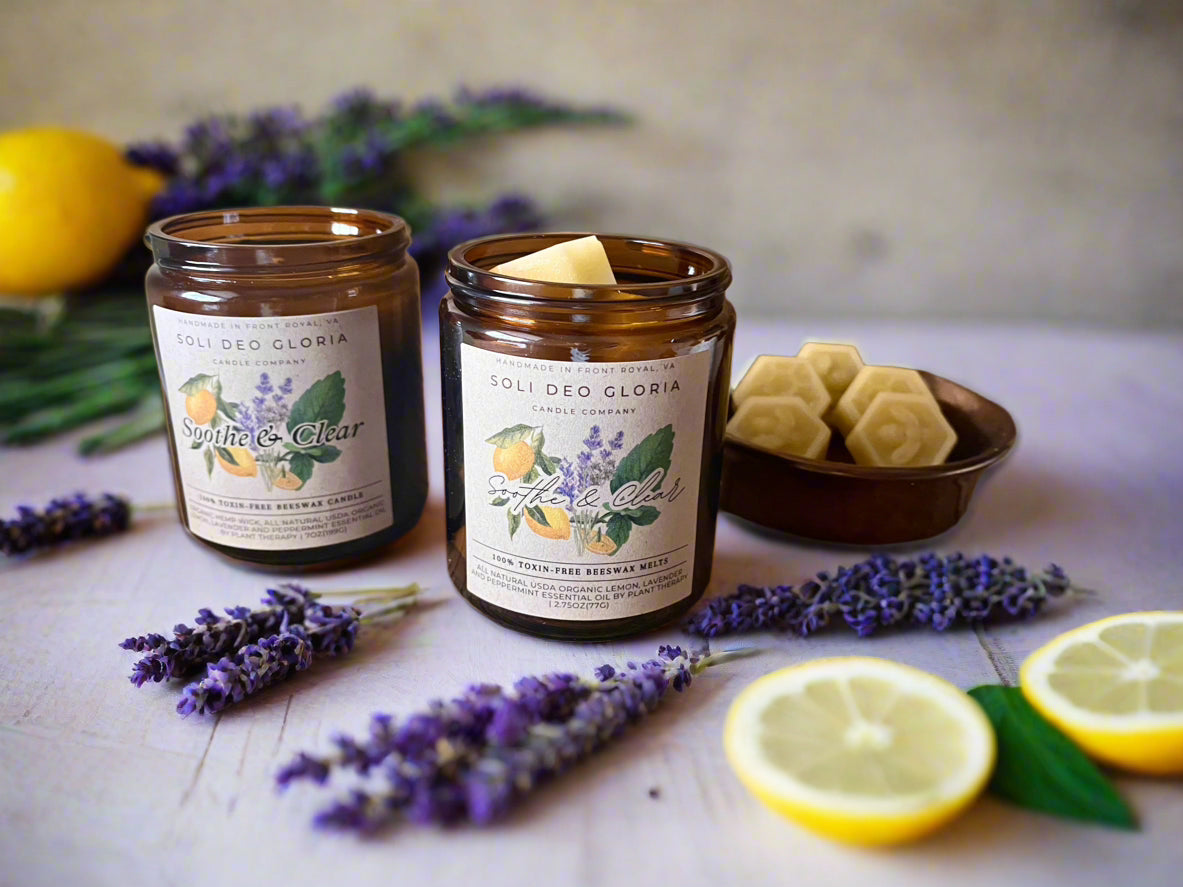 Soli Deo Gloria Candle Company Soothe & Clear sinus relief candle with organic essential oils in amber 7.2oz for freshness and relaxation