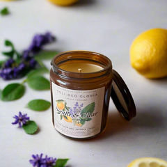 Soli Deo Gloria Candle Company Soothe & Clear sinus relief candle with organic essential oils in amber glass, 7.2oz.