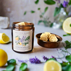 Soli Deo Gloria Candle Company organic soy candle in amber jar, infused with essential oils for sinus relief and fresh aroma.