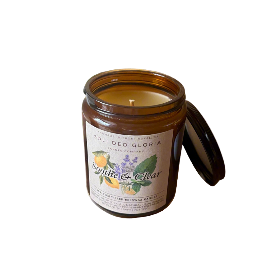 Soli Deo Gloria Candle Company Soothe & Clear sinus relief candle with organic essential oils in amber 7.2oz melt or candle