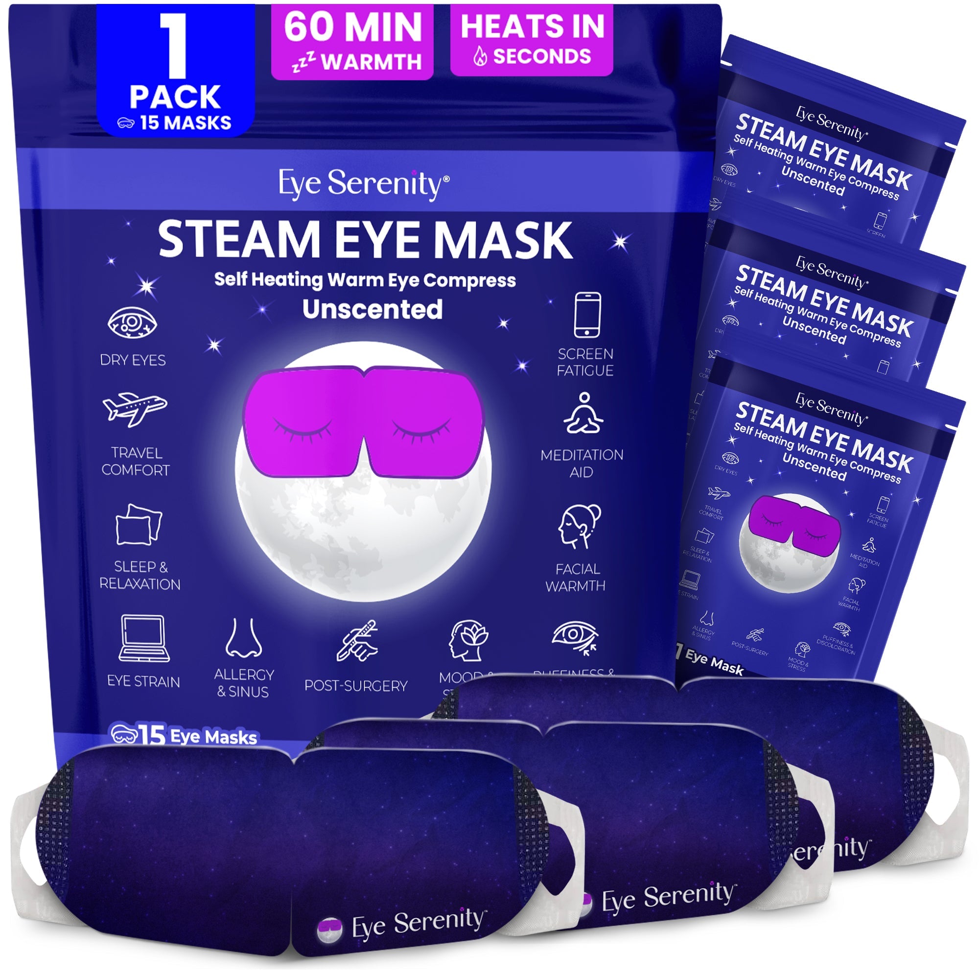 Lure Essentials Eye Serenity Steam Eye Mask for dry eyes, puffiness, sleep, and travel, showing the self-heating warm eye compress.