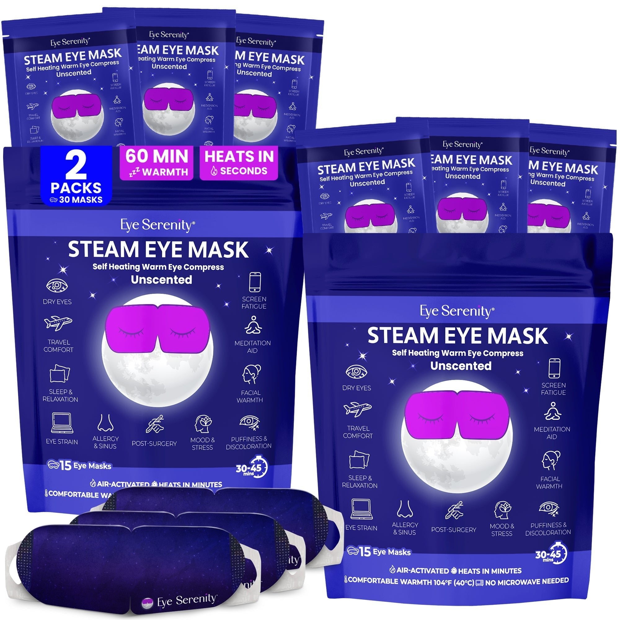 Lure Essentials Eye Serenity Steam Eye Mask for dry eyes, puffiness, sleep, and travel; self-heating warm eye compress, unscented.