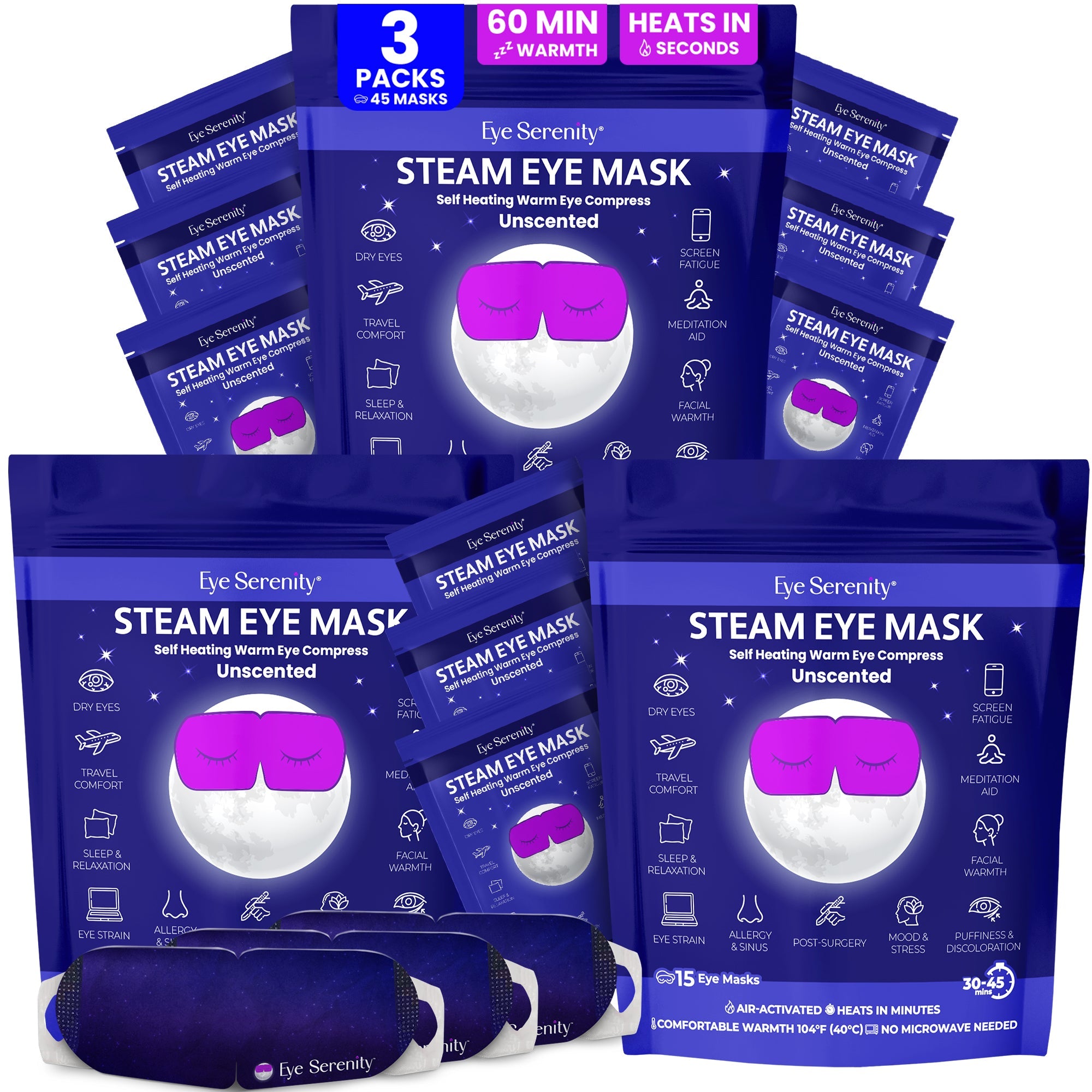Lure Essentials Eye Serenity Steam Eye Mask, self-heating warm eye compress for relaxing eyes, puffiness, and dry eye relief.