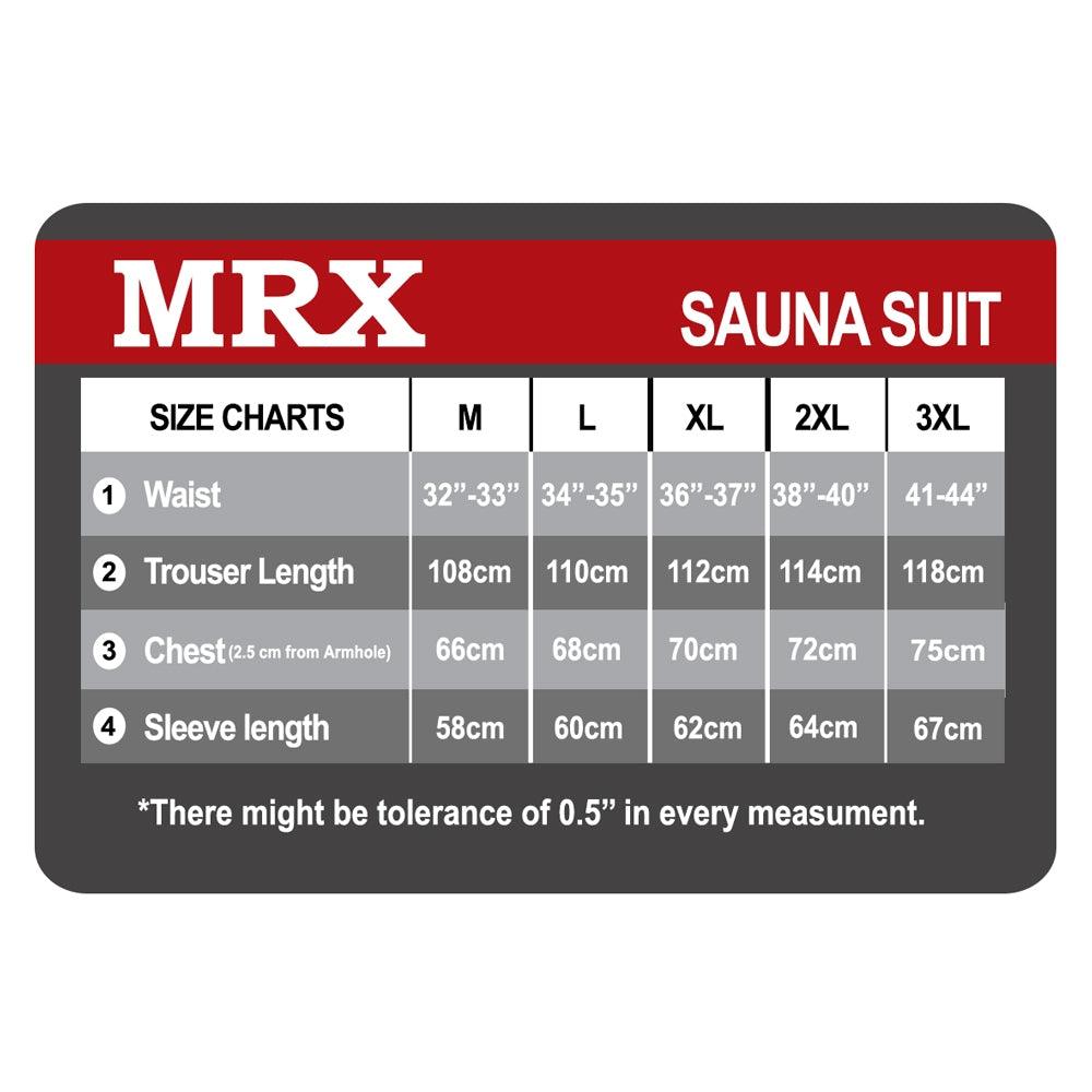 MRX men's sauna sweat suit for weight loss and gym training, shown with size chart and adjustable fit for boxing and MMA workouts.