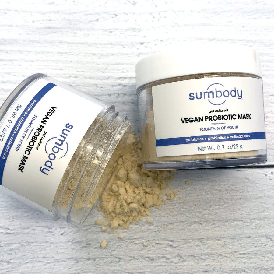 Get Cultured Vegan Probiotic Mask by Sumbody Skincare, 0.9 oz jar with creamy facial mask showing fresh ingredients.