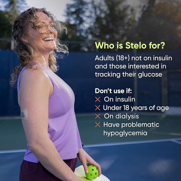 Dexcom Stelo continuous glucose monitor biosensors in a 2-pack for 15 days, Bluetooth-enabled, designed for diabetes management.