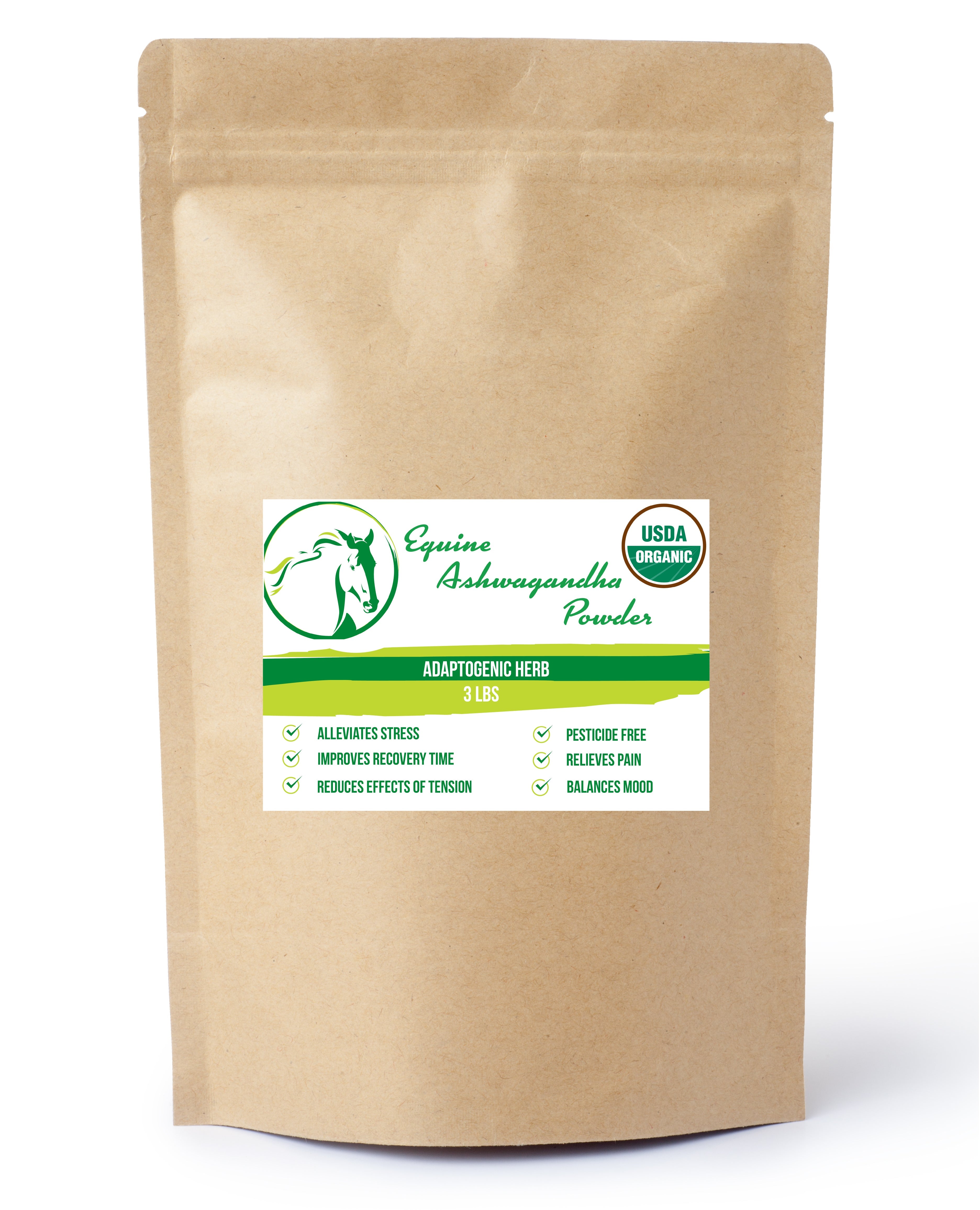 Organic Ashwagandha powder from The Equine Chia in a clear jar, showing the fine, brownish powder inside.