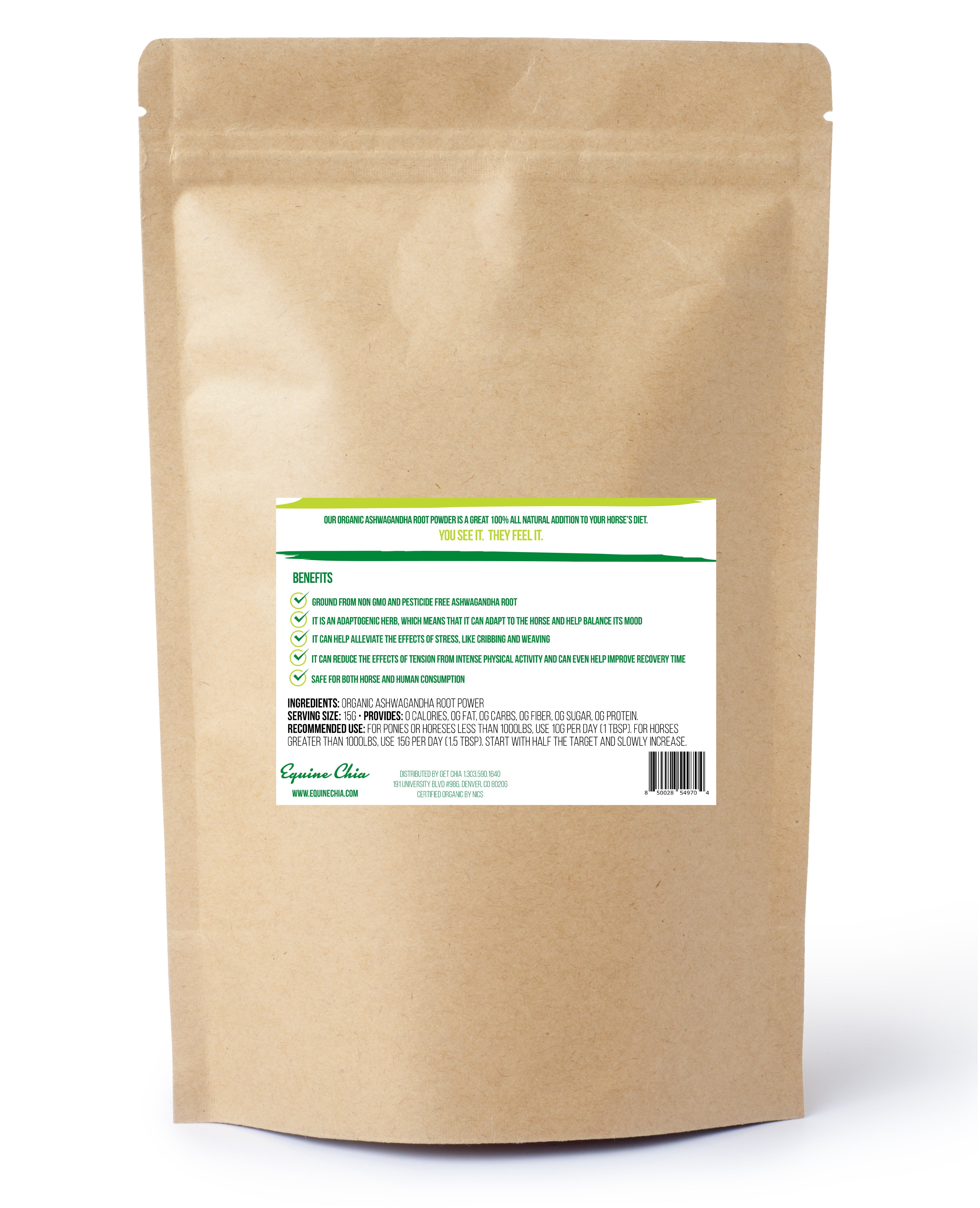 Organic Ashwagandha powder from The Equine Chia in a clear jar, showing a fine, light brown herbal powder.