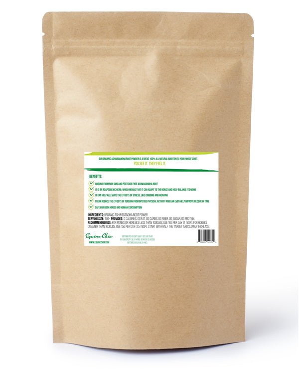 Organic Ashwagandha powder from The Equine Chia in a clear jar, showing a fine, light brown herbal powder.