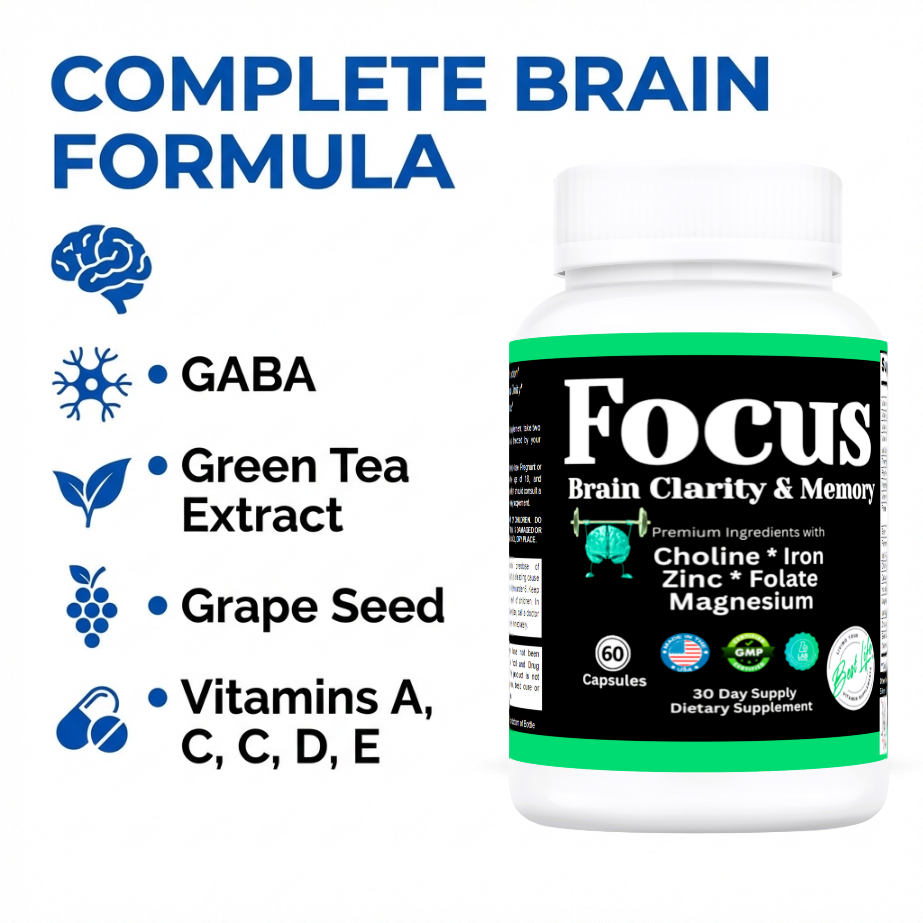 Brain focus and memory vitamin supplement from THIS LITTLE HOUSE OF MINE, featuring capsules for clarity and mental alertness.