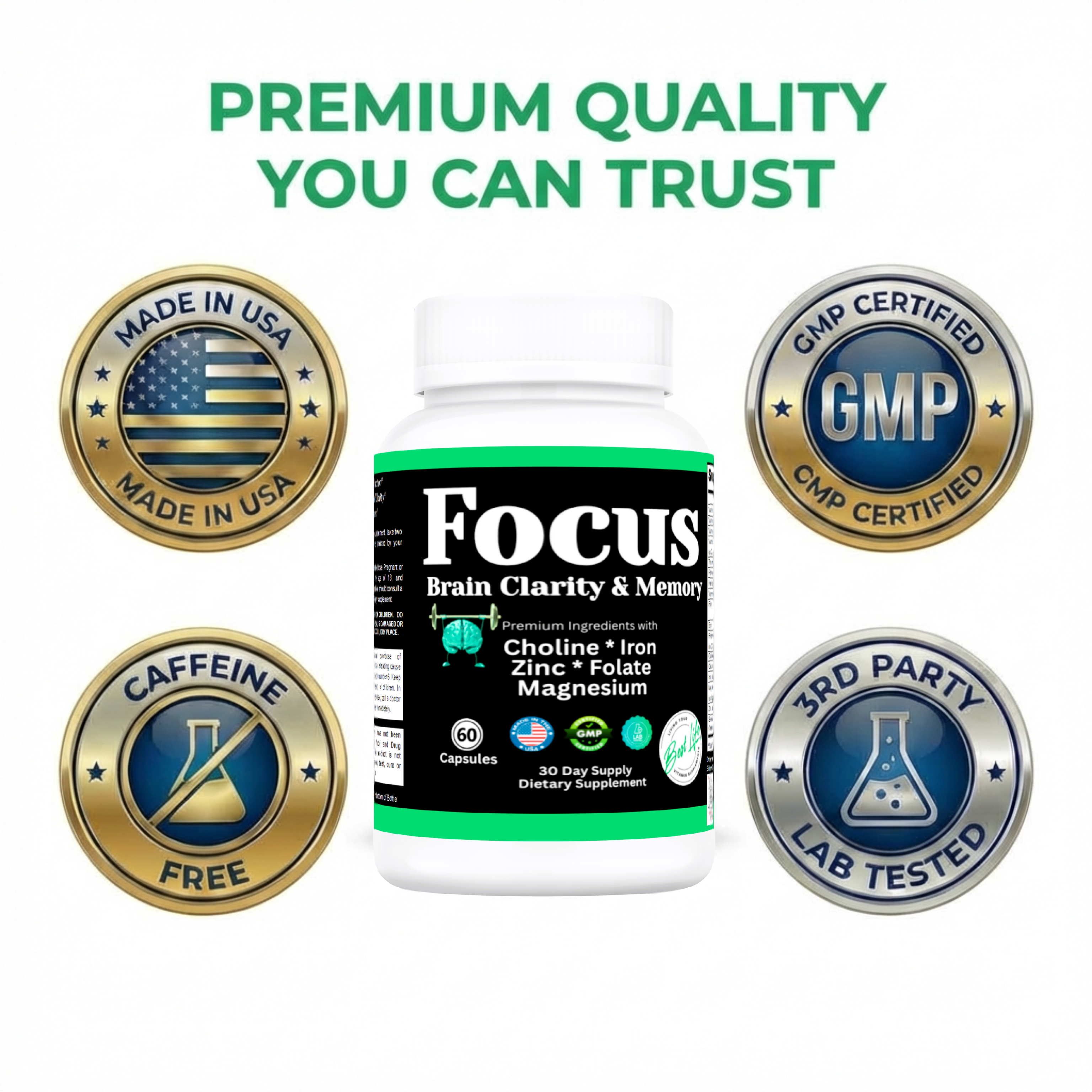 Bottle of Brain Focus and Memory Vitamins from THIS LITTLE HOUSE OF MINE online store, supplement for mental clarity and focus.