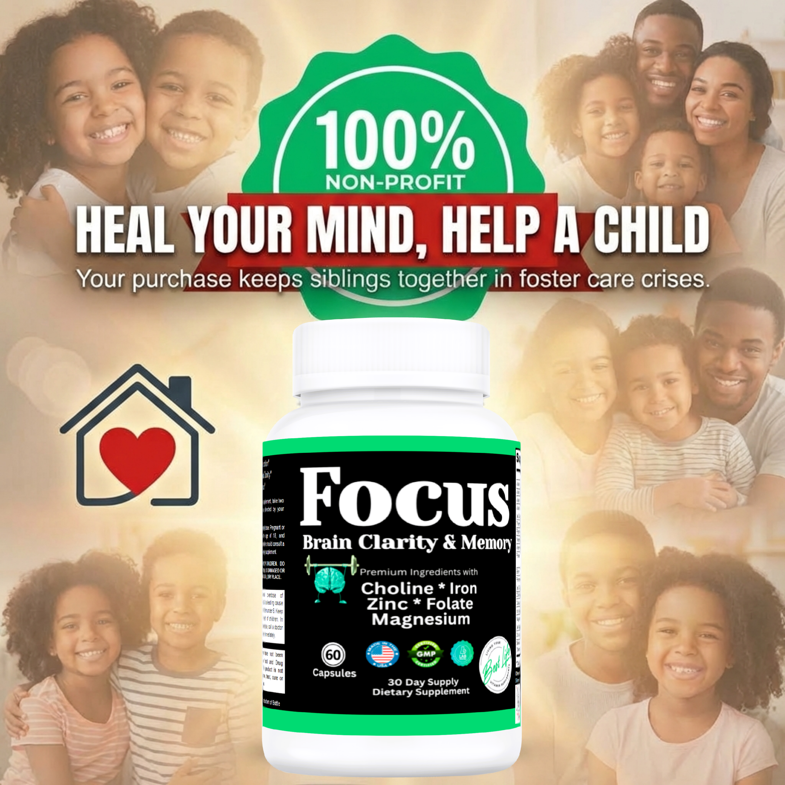 Focus, Brain Focus, Clarity & Memory Vitamin Supplement from THIS LITTLE HOUSE OF MINE, featuring colorful capsules and supplement packaging.