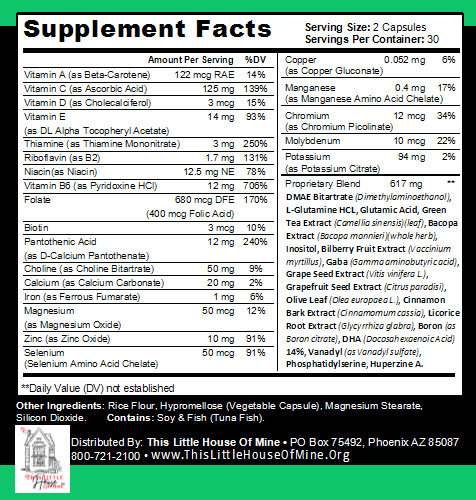 Focus, Brain Focus, Clarity & Memory Vitamin Supplement by THIS LITTLE HOUSE OF MINE, shown in bottle with colorful tablets