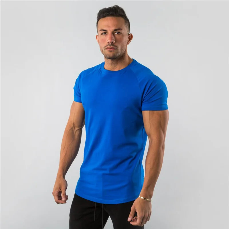 Blue cotton men's plain top from THRIXINE, fitness tee shirt, comfortable casual short-sleeve men's top in XXL size.