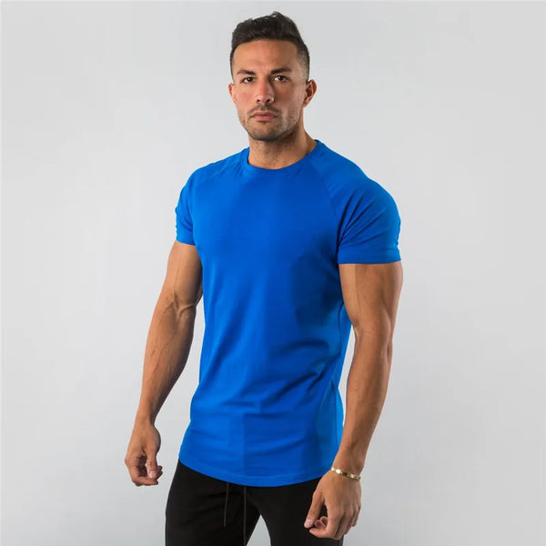 Blue cotton men's plain top from THRIXINE, fitness tee shirt, comfortable casual short-sleeve men's top in XXL size.