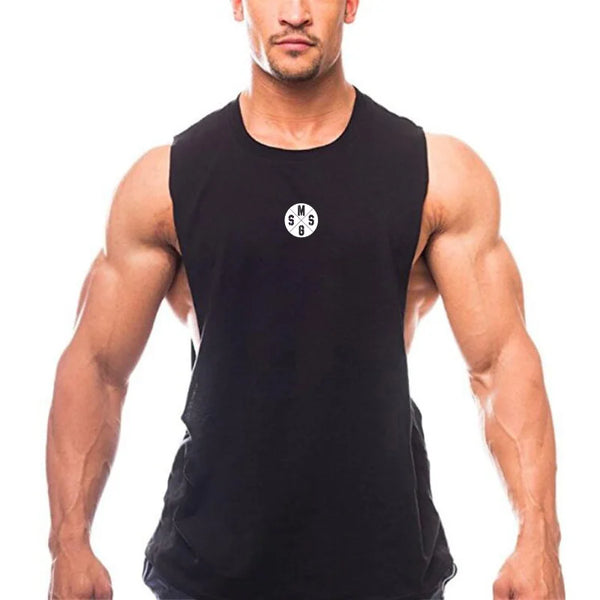 Black THRIXINE muscle guys low cut fitness tank top for men, sleeveless athletic tank showcasing a muscular physique.
