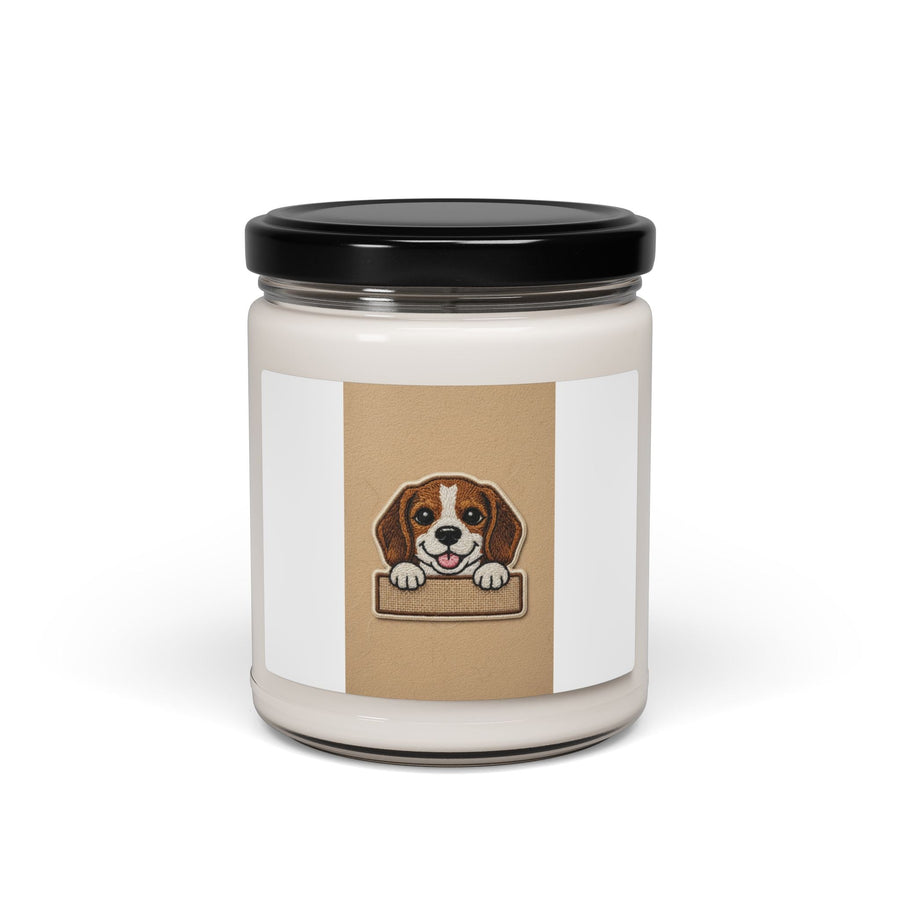 Calming dog scented soy candle in a glass jar, 9oz, for stress relief and aromatherapy, from Tristan’s Treehouse home decor collection.