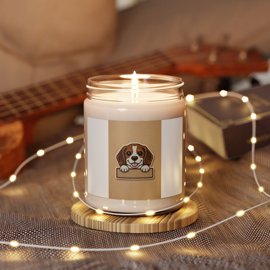 Calming dog scented soy candle in a 9oz jar with clean cotton fragrance, designed for stress relief and aromatherapy in home decor.