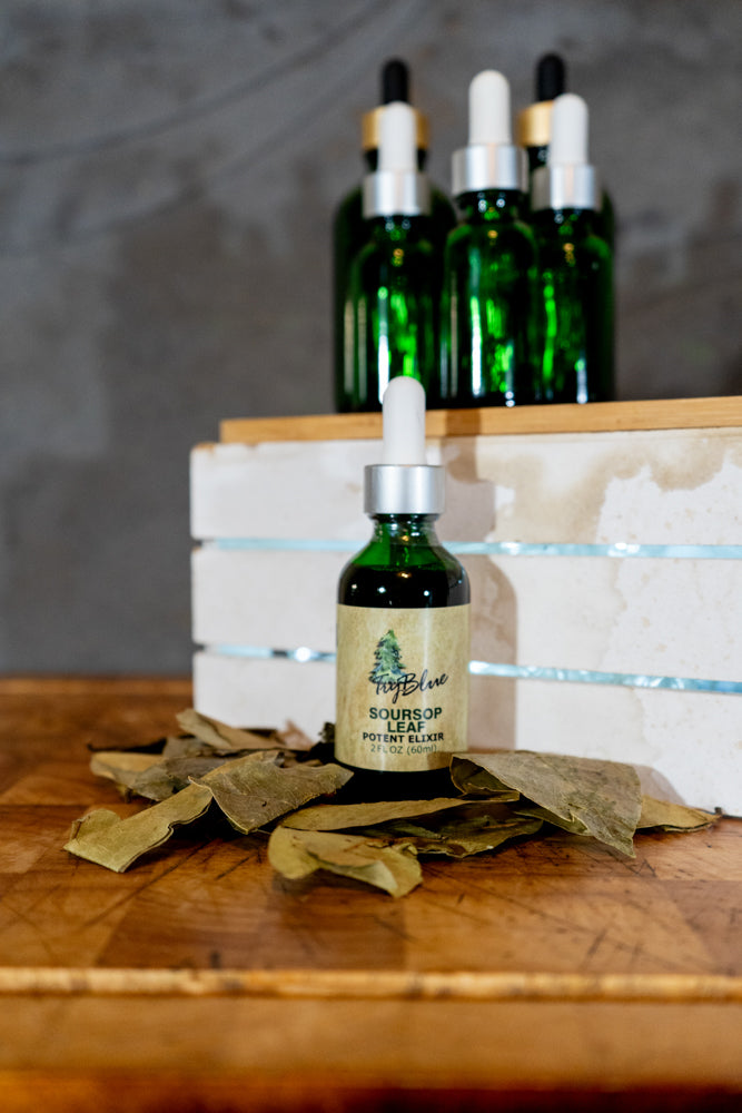 Organic Soursop Leaf Elixir herbal supplement in a 2oz bottle from Try-Blue, showcasing the botanical herbal tincture.