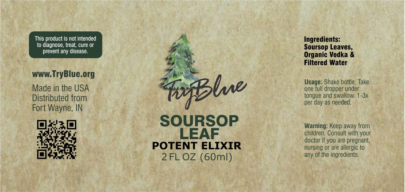 Organic Soursop Leaf Elixir herbal supplement in a 2oz bottle, botanical herbal tincture by Try-Blue with fresh soursop leaves.