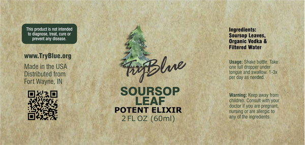 Organic Soursop Leaf Elixir herbal supplement in a 2oz bottle, botanical herbal tincture by Try-Blue with fresh soursop leaves.