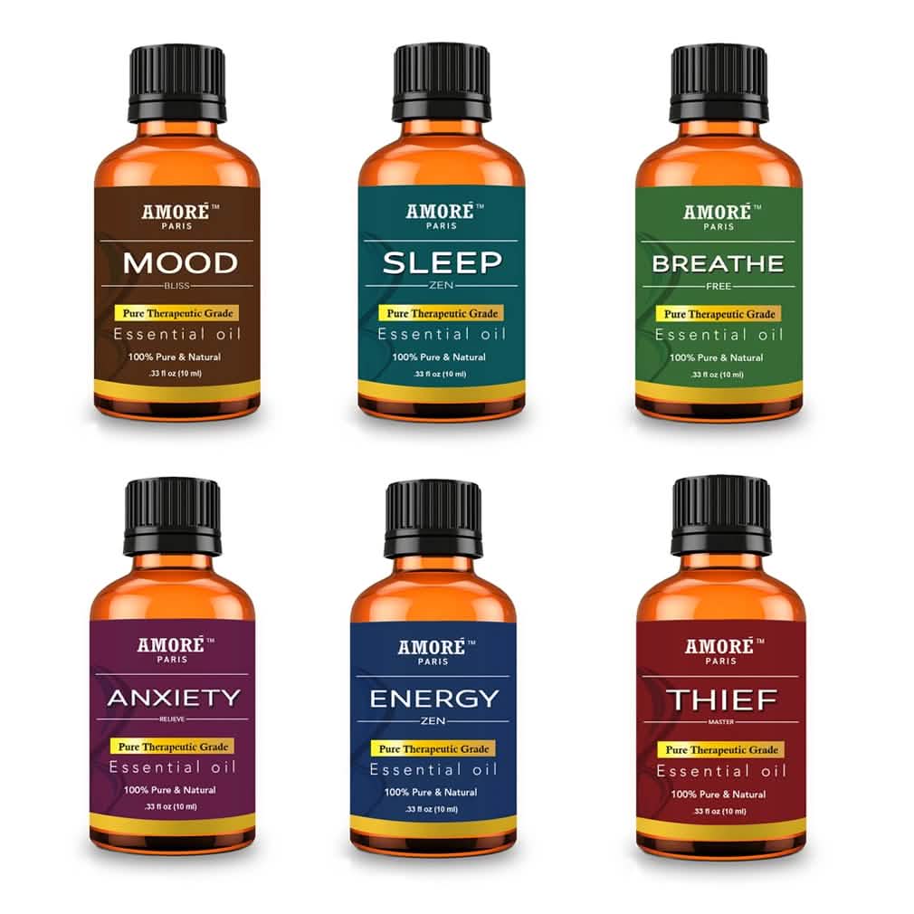 Six therapeutic grade essential oils from DailySale in a health and wellness gift set, displayed in glass bottles with labels.