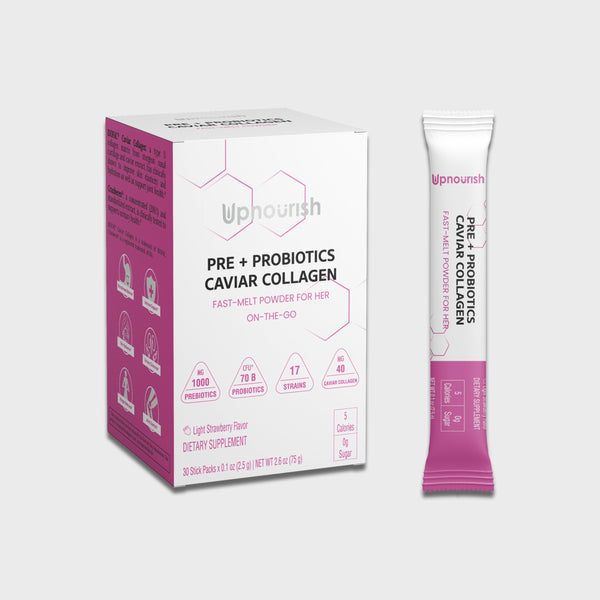 Women's Pre Probiotics Collagen supplement by UpNourish, featuring a bottle with capsules and collagen powder on a clean background.