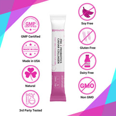 Women’s Pre Probiotics Collagen supplement by UpNourish, showing a bottle with capsules and collagen ingredients.