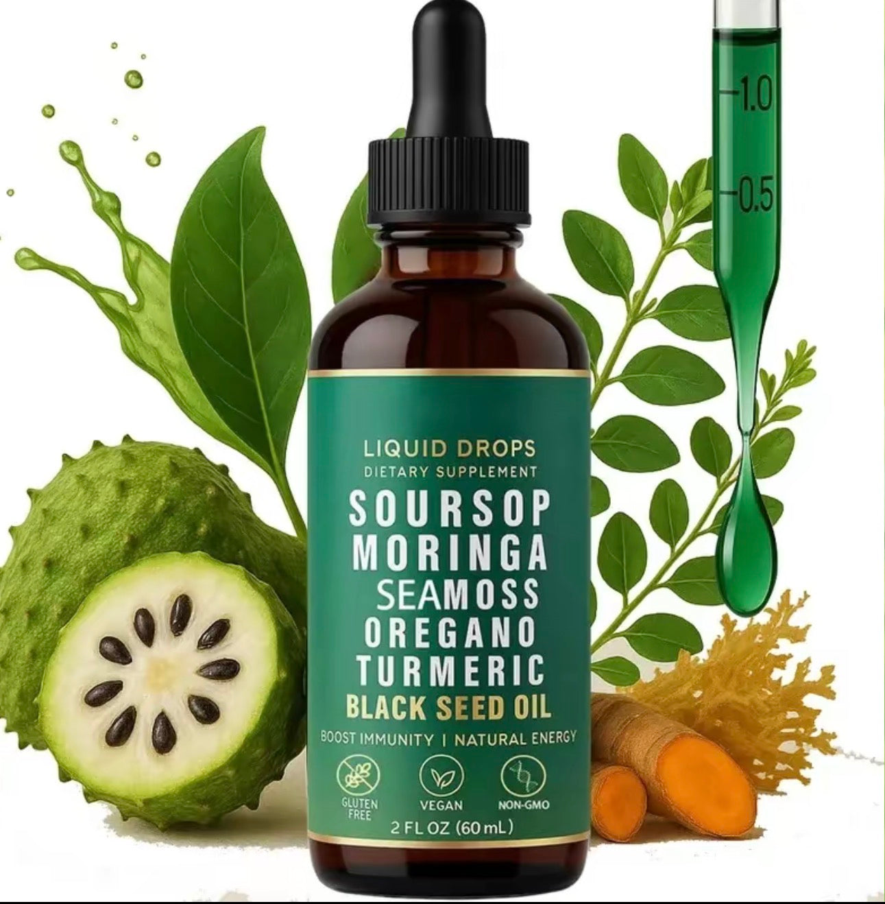 V.I.P Digital Presence SourVita SourSop Drops in a clear bottle with label, showcasing the product packaging and dropper.