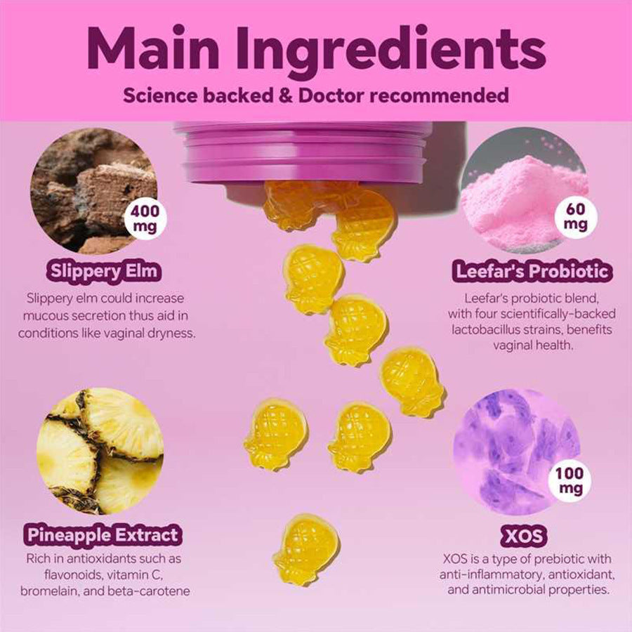 V.I.P Digital Presence feminine probiotics gummies for women in a 60-capsule bottle, showcasing colorful gummy supplements.