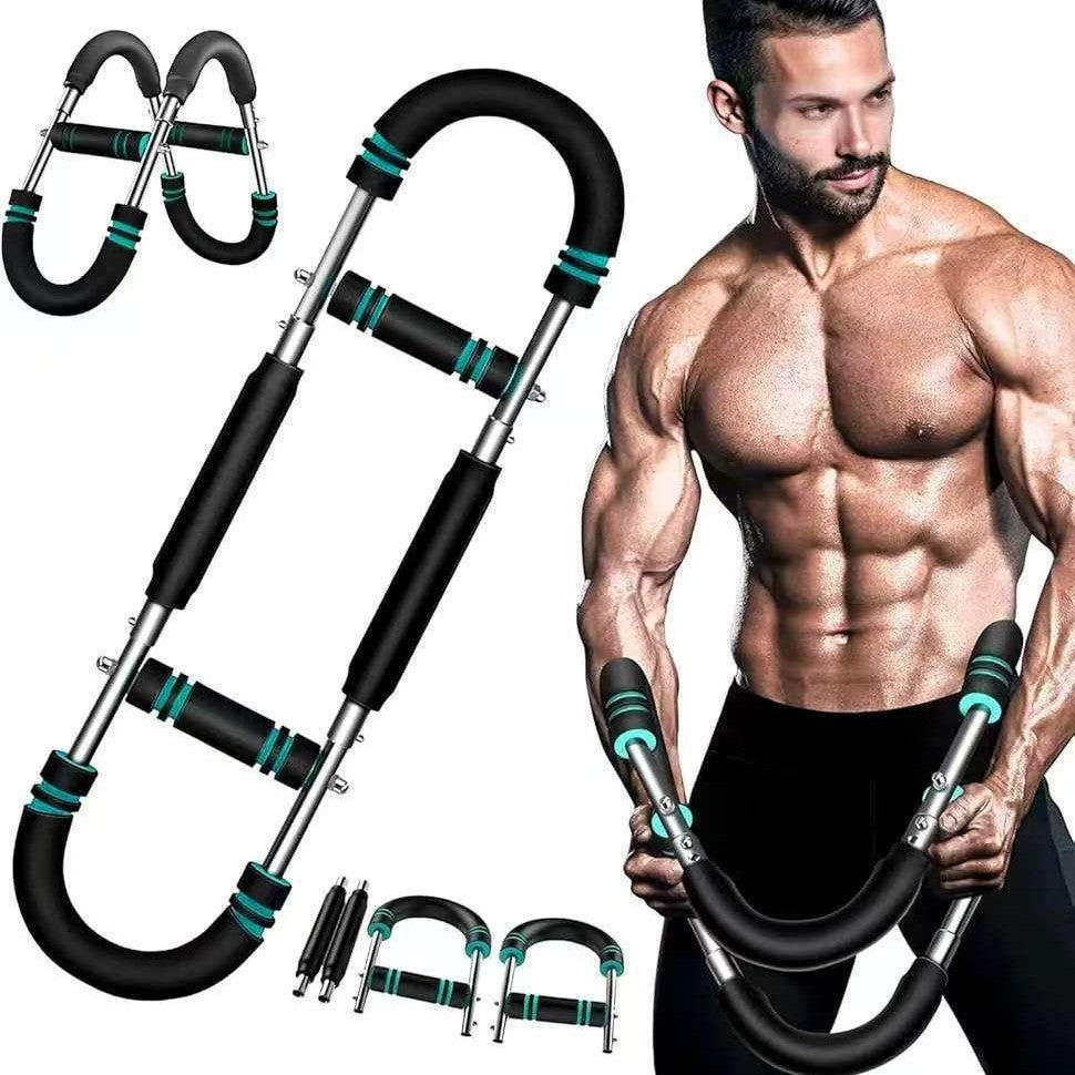 Black and blue adjustable arm strength device by V.I.P Digital Presence for U-shaped chest muscle training and fitness.
