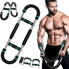 Black and blue adjustable arm strength device by V.I.P Digital Presence for U-shaped chest muscle training and fitness.
