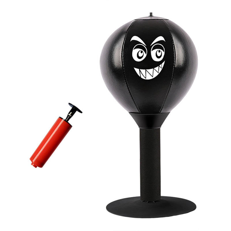 Black stress relief punching speed ball with suction cup base and spring foam, part of V.I.P Digital Presence fitness punching set.