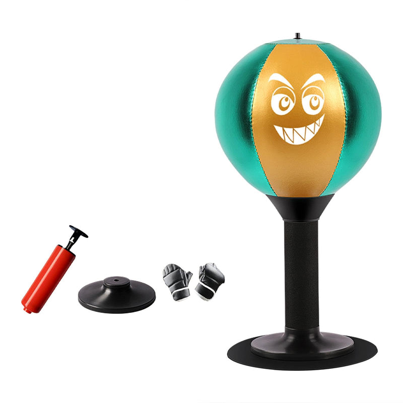 Black stress relief punching speed ball with suction cup base, spring foam, and inflatable design for fitness and boxing training.