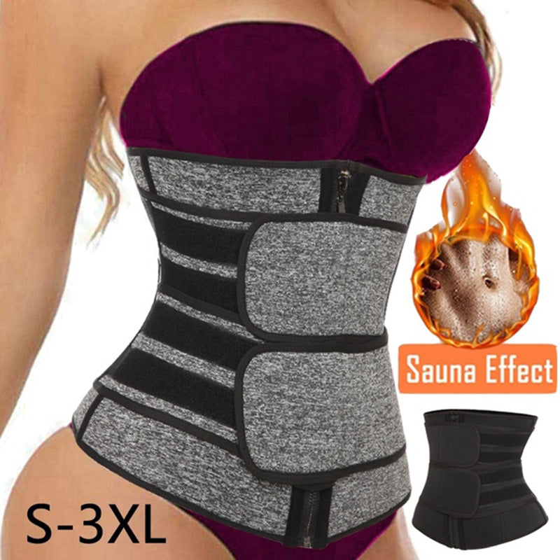 Gray neoprene sauna waist trainer corset sweat belt for women, designed for weight loss, fitness, and body compression during workouts.