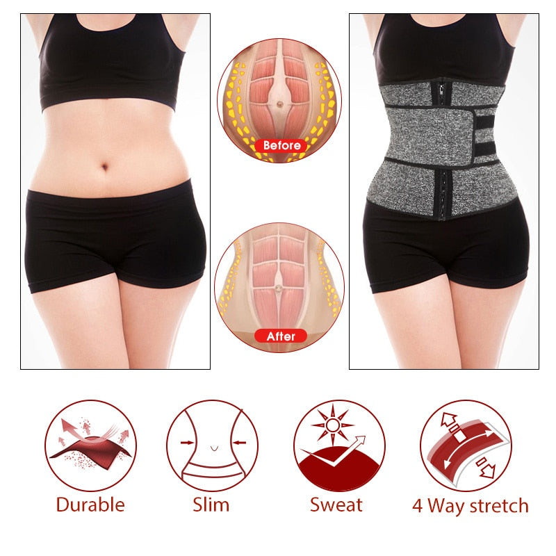 Gray neoprene sauna waist trainer corset for women, designed for weight loss, workout compression, and fitness trimmer.