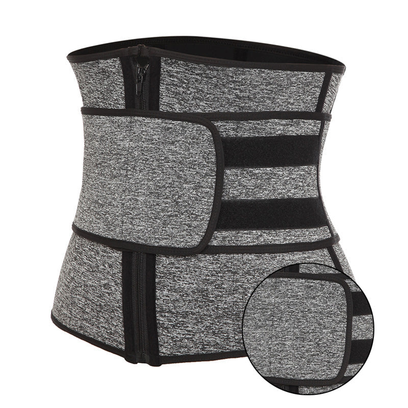 Gray neoprene sauna waist trainer corset for women, designed for weight loss, sweat compression, and workout fitness.