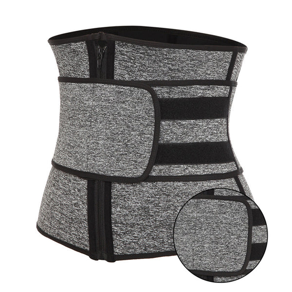 Gray neoprene sauna waist trainer corset for women, designed for weight loss, sweat compression, and workout fitness.