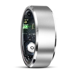 Silver Xiaomi Smart Ring for men and women, tracks heart rate, blood oxygen, sleep, and is 5ATM waterproof fitness tracker.