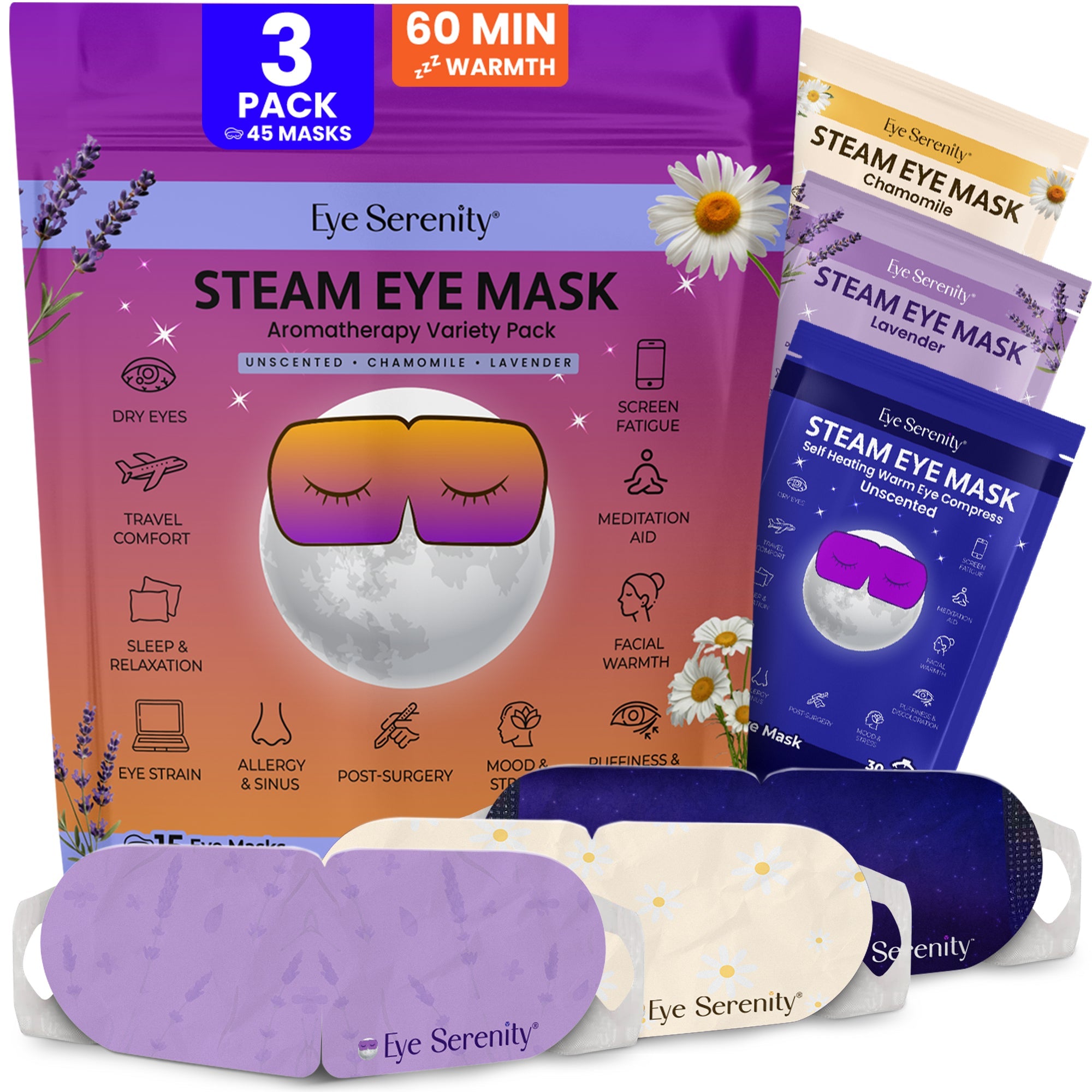 Lure Essentials Eye Serenity Steam Eye Mask variety pack with 15 unscented heated eye masks for relaxation and eye care.